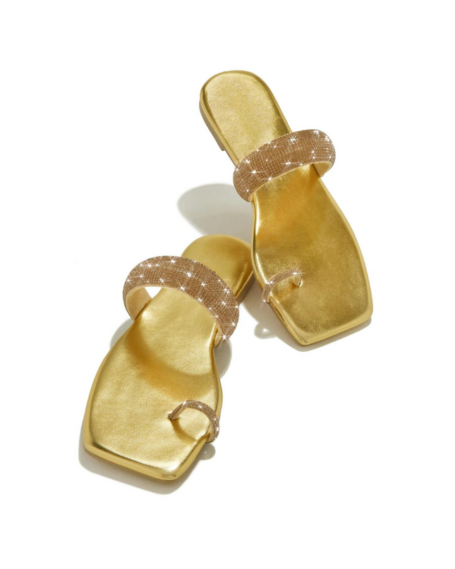Rhinestone Toe Ring Flat Sandals -Golden
