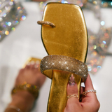 Rhinestone Toe Ring Flat Sandals -Golden