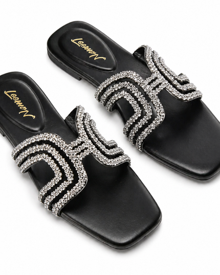 Crystal Embellished Flat Sandals-Black