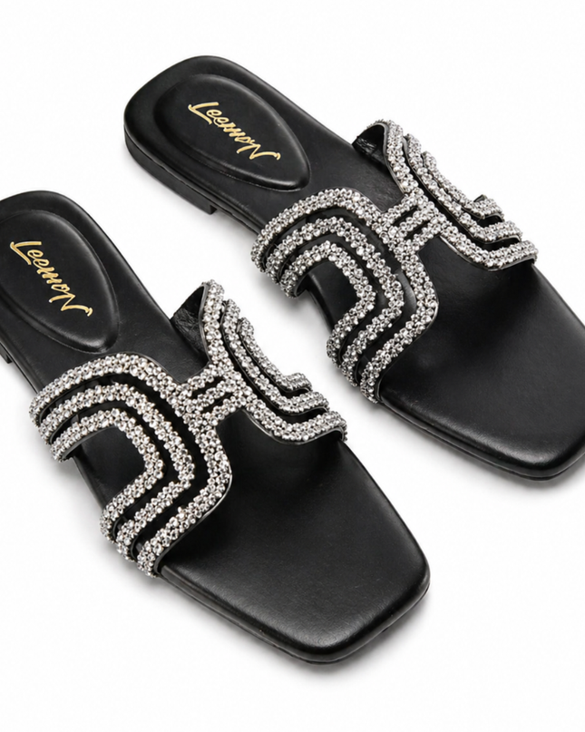 Crystal Embellished Flat Sandals-Black