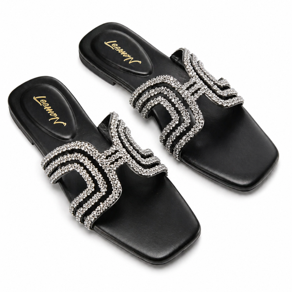 Crystal Embellished Flat Sandals-Black