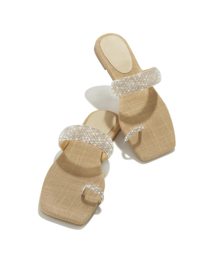 Rhinestone Toe Ring Flat Sandals -Natural