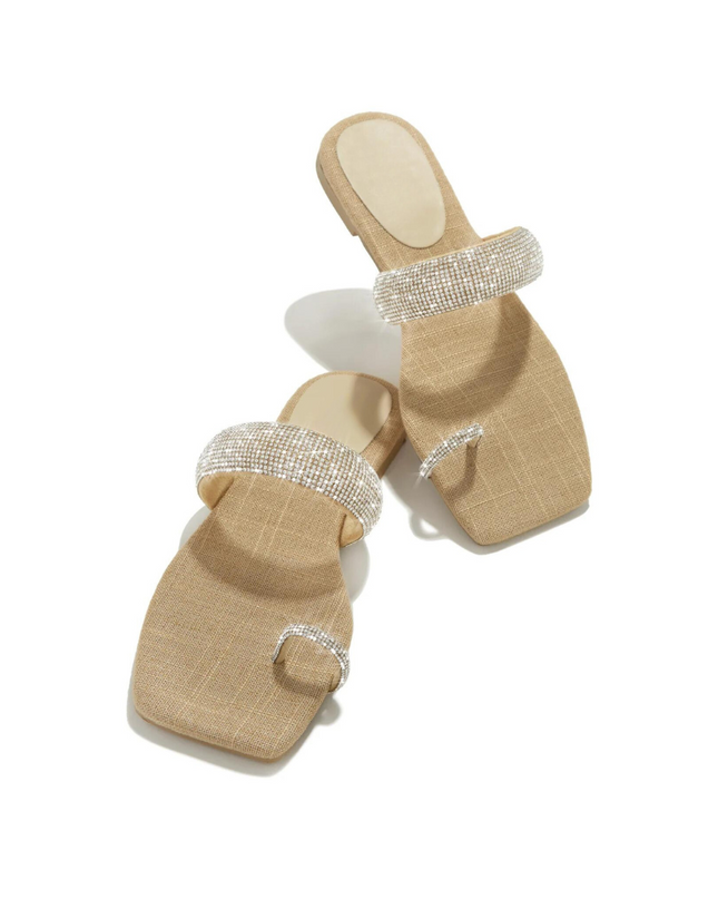 Rhinestone Toe Ring Flat Sandals -Natural