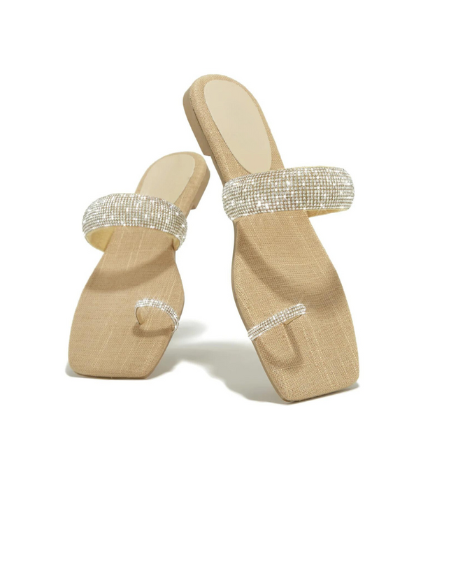 Rhinestone Toe Ring Flat Sandals -Natural