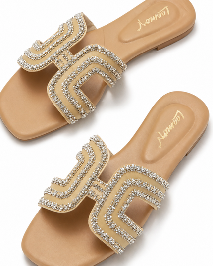 Crystal Embellished Flat Sandals-Beige