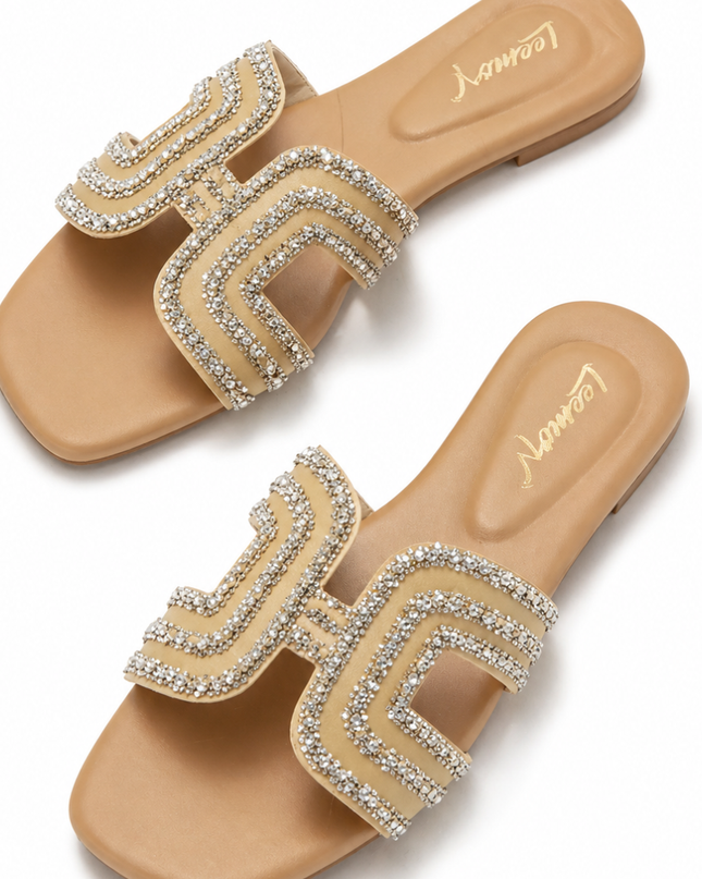 Crystal Embellished Flat Sandals-Beige