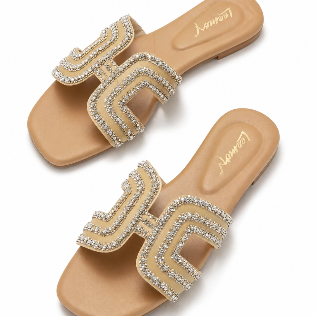 Crystal Embellished Flat Sandals-Beige