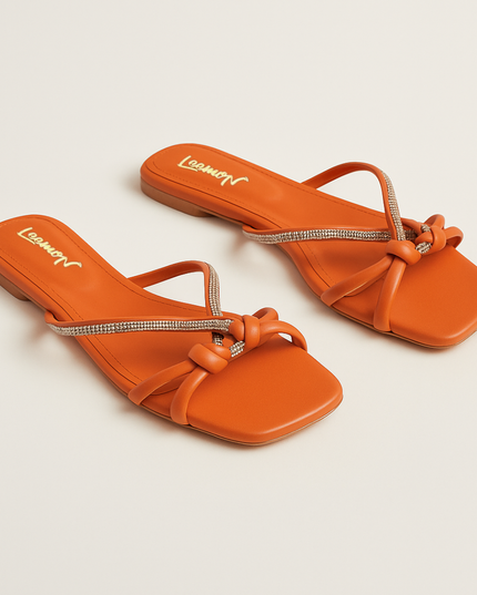 Knotted Embellished Flat Sandals-Orange Leemon Pakistan