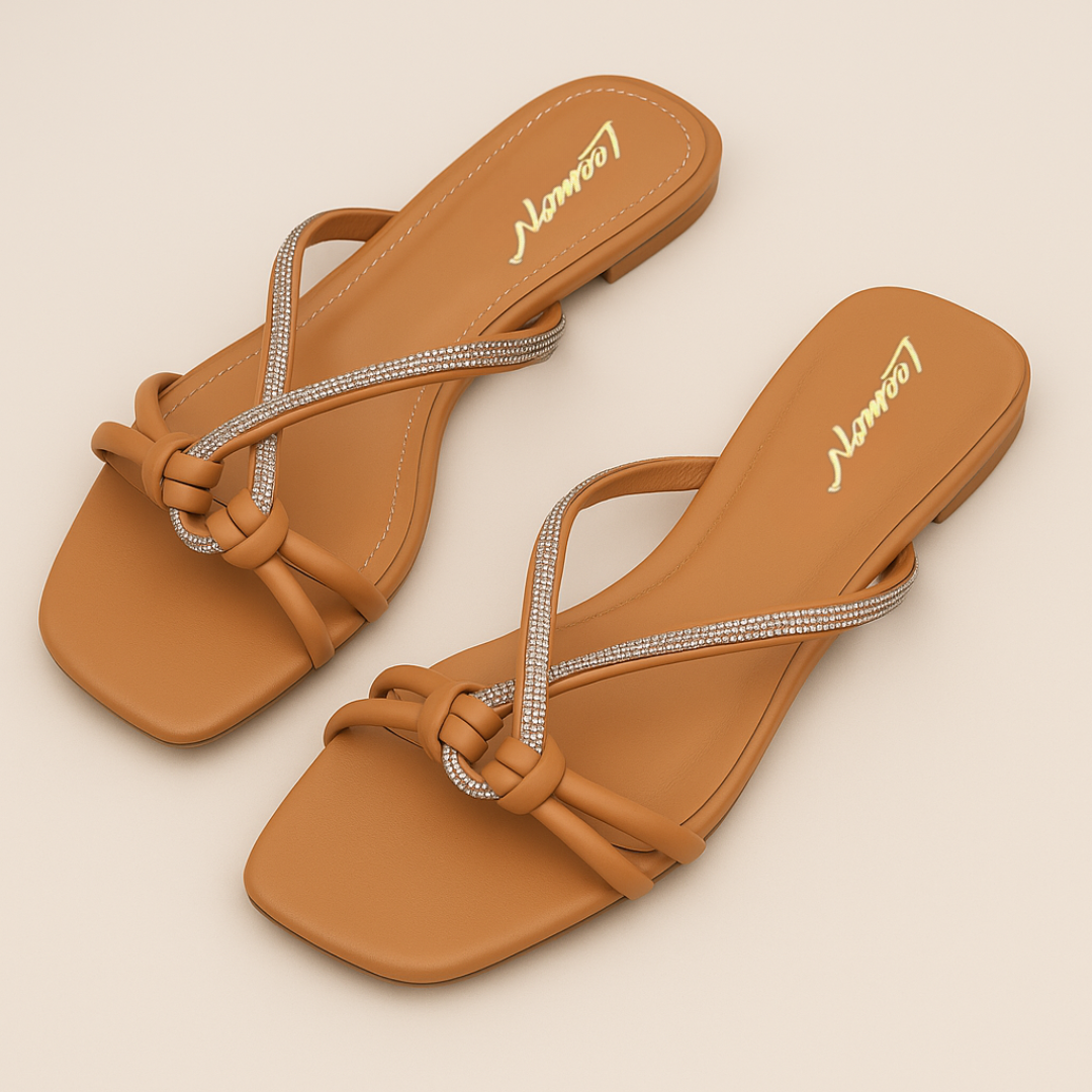 Knotted Embellished Flat Sandals- Camel