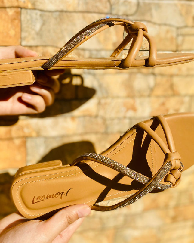 Knotted Embellished Flat Sandals- Camel
