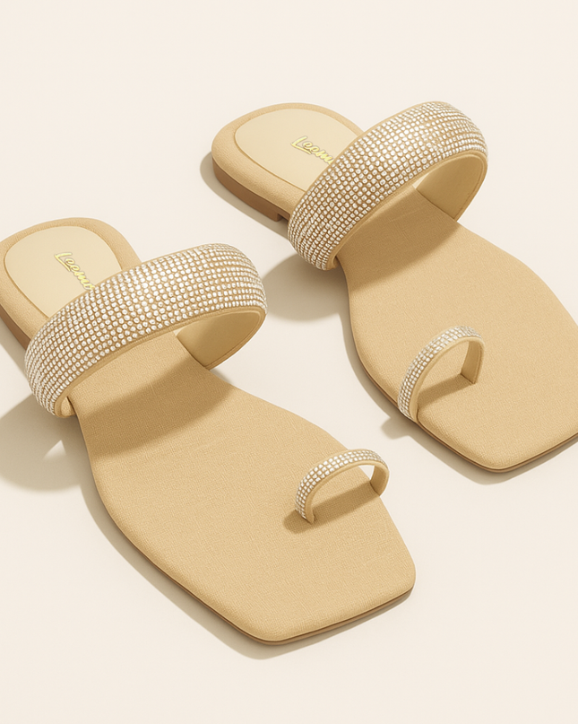 Rhinestone Toe Ring Flat Sandals -Natural Leemon Pakistan