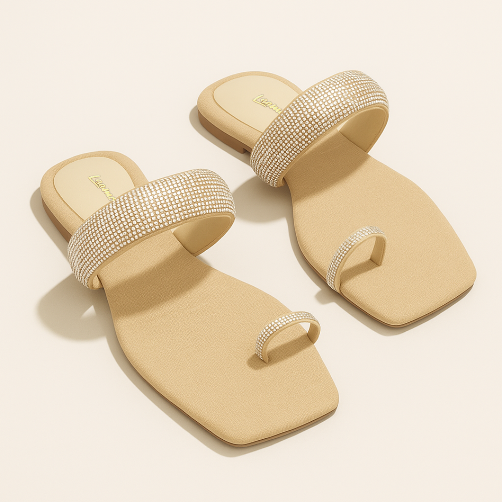 Rhinestone Toe Ring Flat Sandals -Natural