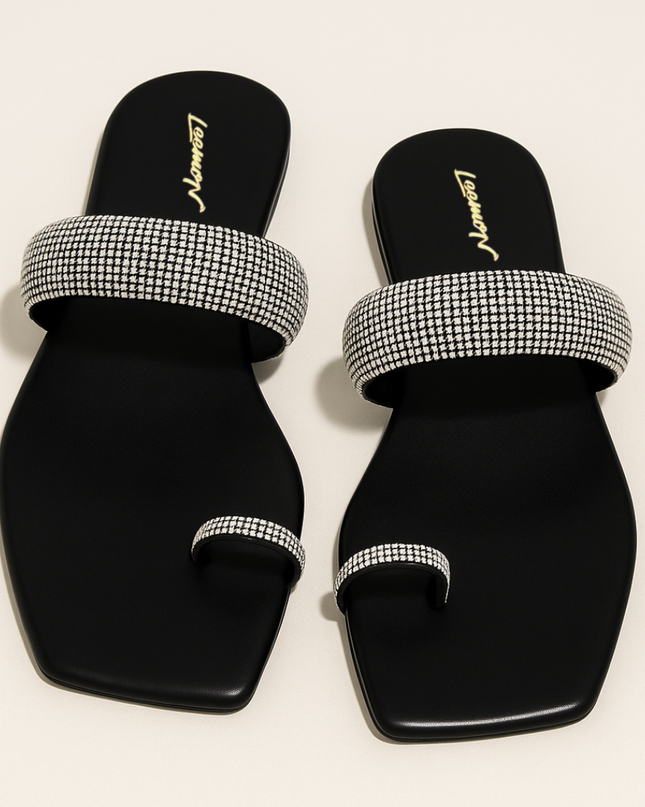 Rhinestone Toe Ring Flat Sandals- Black Leemon Pakistan