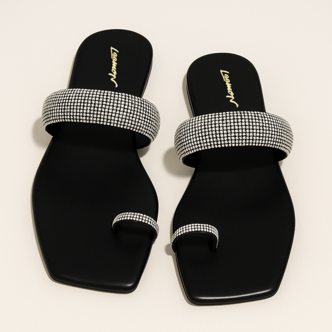 Rhinestone Toe Ring Flat Sandals- Black