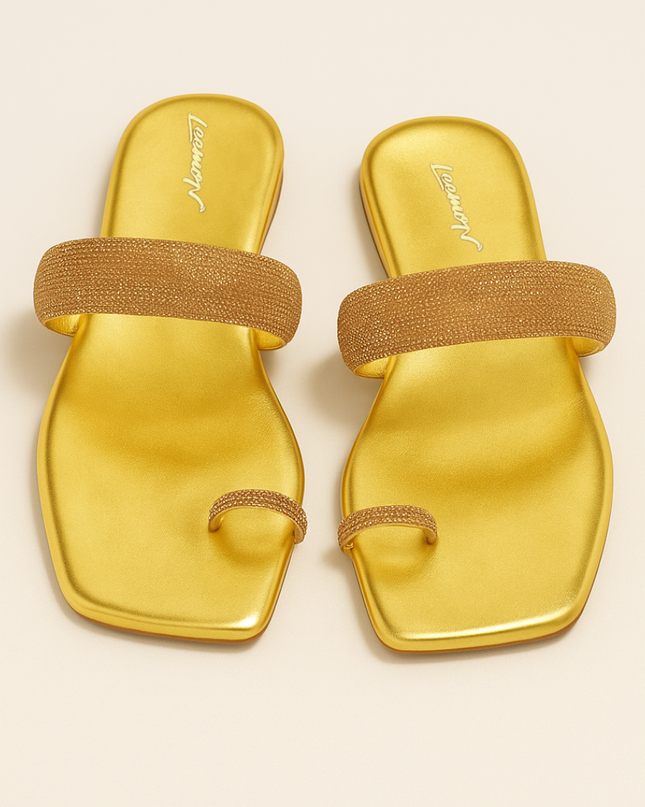 Rhinestone Toe Ring Flat Sandals -Golden Leemon Pakistan