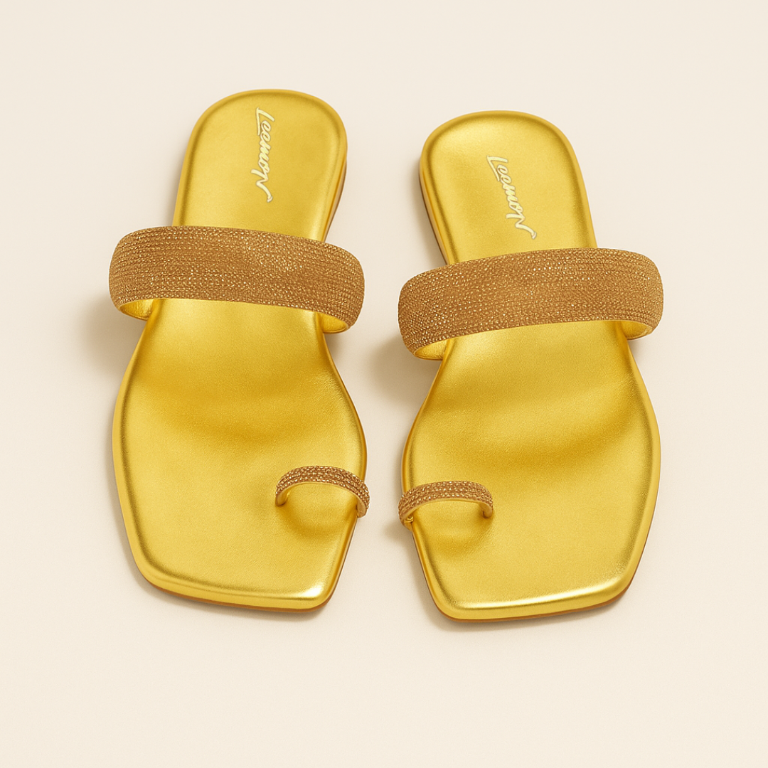 Rhinestone Toe Ring Flat Sandals -Golden