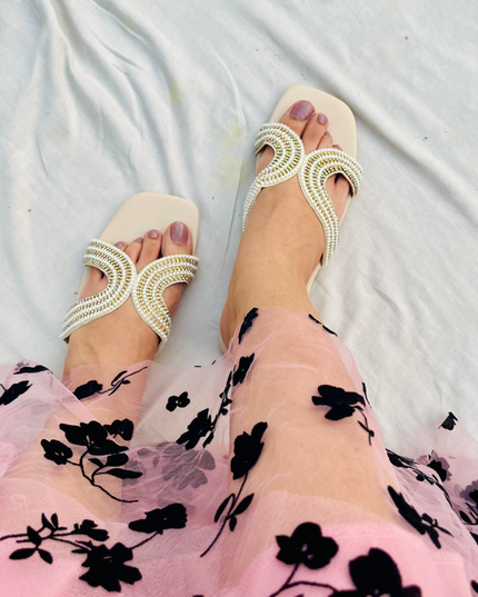 Faux Pearls Flat Sandals- White
