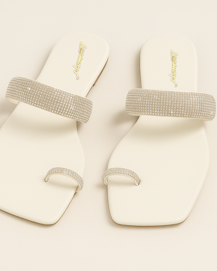 Rhinestone Toe Ring Flat Sandals -White Leemon Pakistan