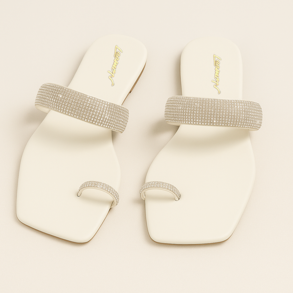 Rhinestone Toe Ring Flat Sandals -White