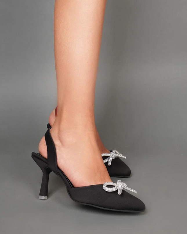 Bow Applique Kitten Sandals - Jet Black