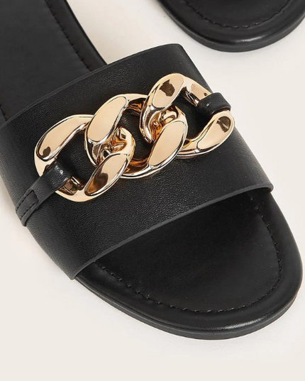Charm Chain Flat Sandals - Black