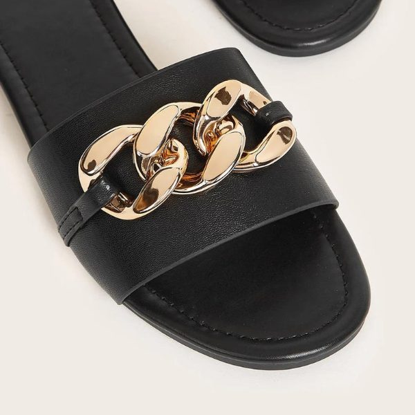 Charm Chain Flat Sandals - Black