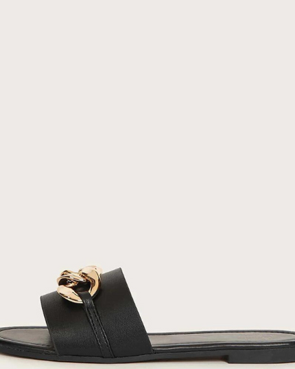 Charm Chain Flat Sandals - Black