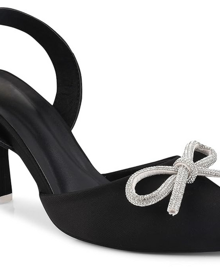 Bow Applique Kitten Sandals - Jet Black