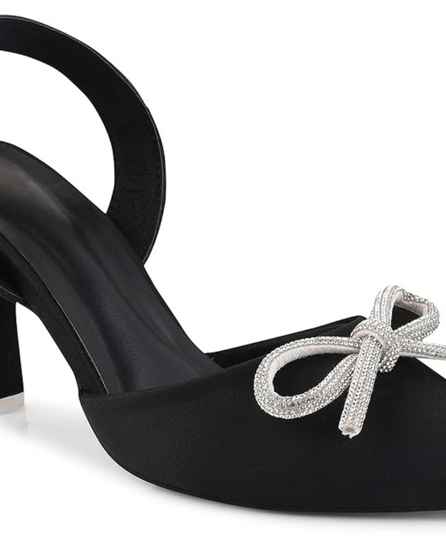 Bow Applique Kitten Sandals - Jet Black