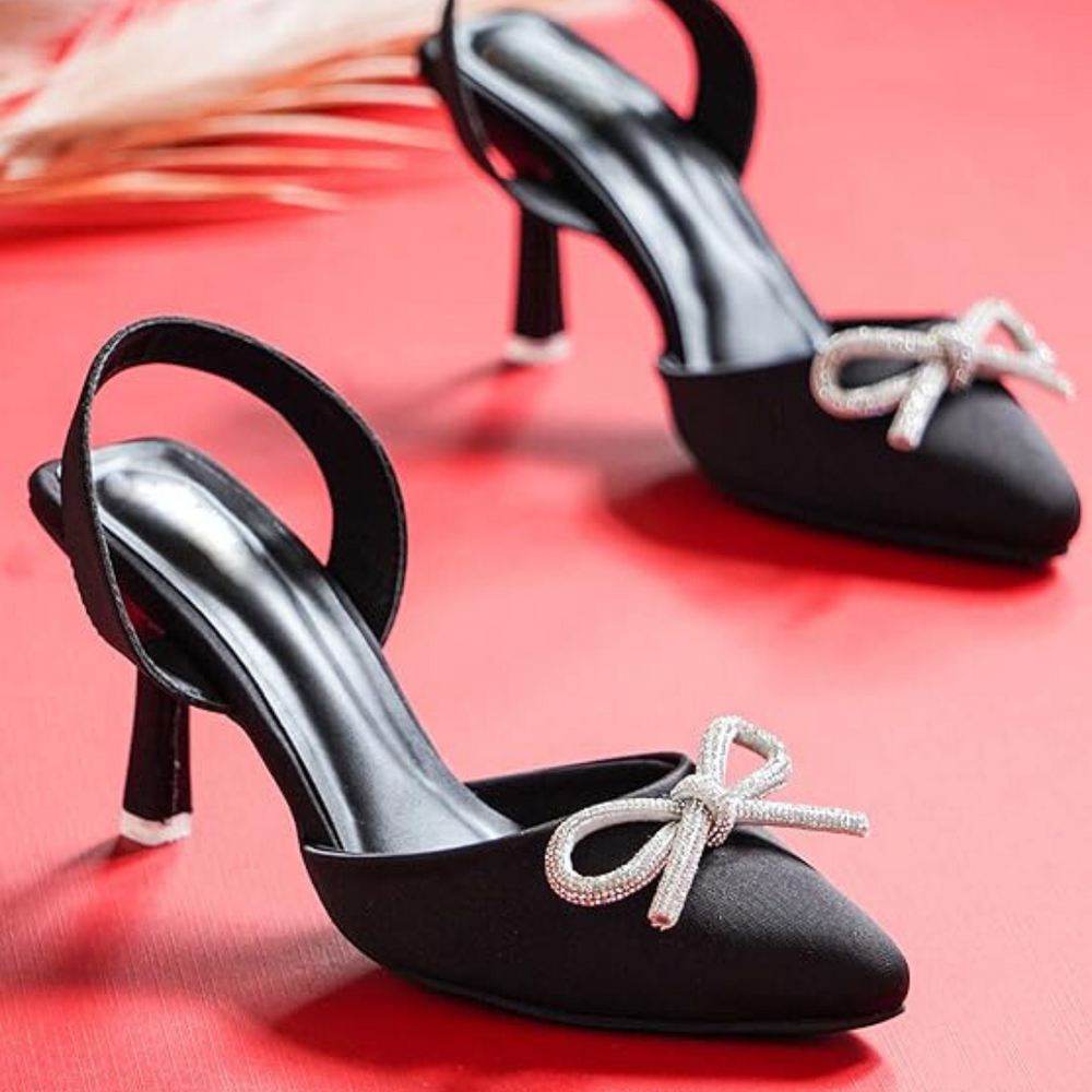 Bow Applique Kitten Sandals - Jet Black