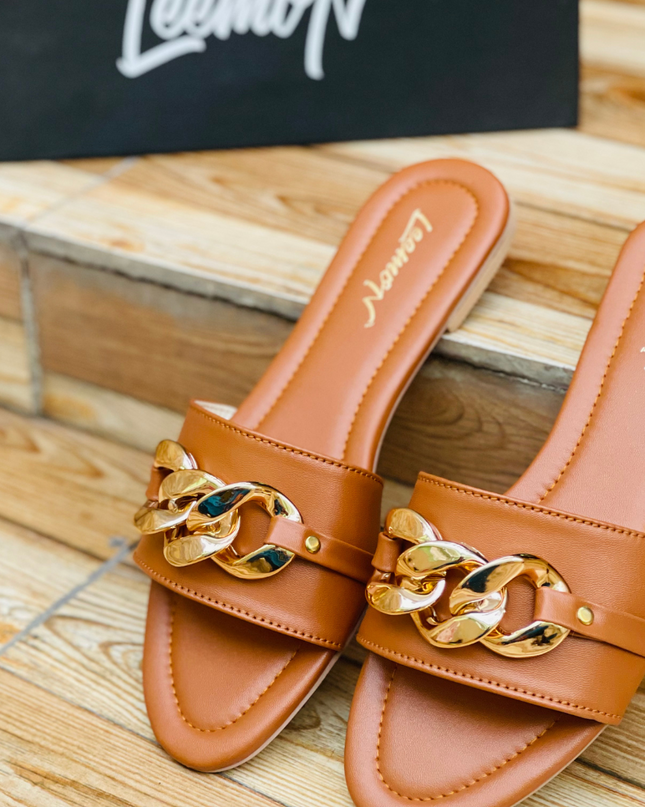 Charm Chain Flat Sandals - Brown