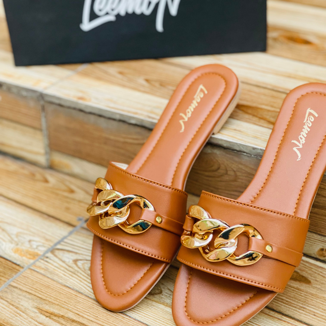 Charm Chain Flat Sandals - Brown