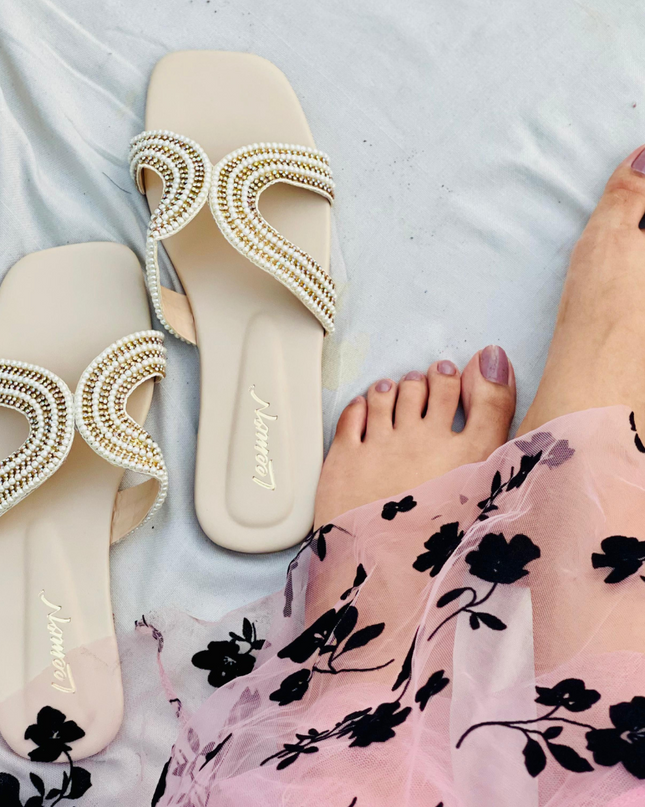Faux Pearls Flat Sandals- White