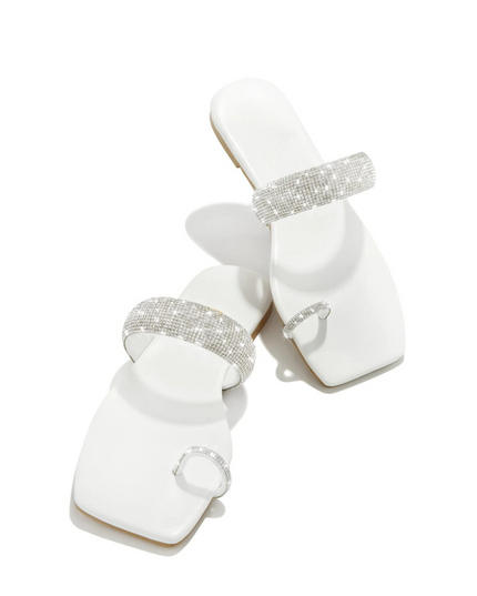 Rhinestone Toe Ring Flat Sandals -White