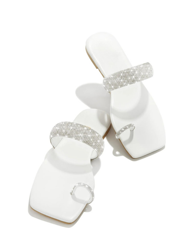 Rhinestone Toe Ring Flat Sandals -White