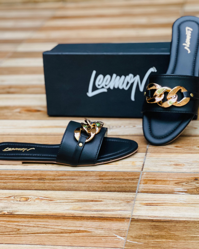 Charm Chain Flat Sandals - Black