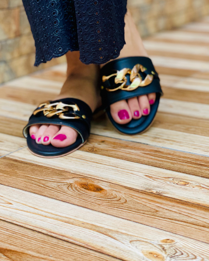 Charm Chain Flat Sandals - Black