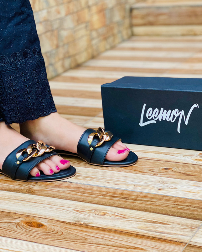 Charm Chain Flat Sandals - Black