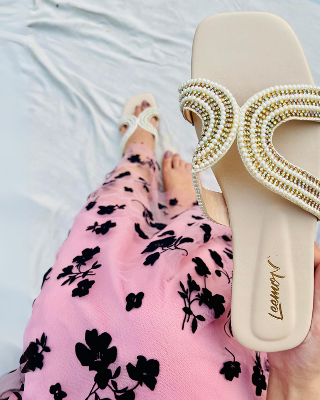 Faux Pearls Flat Sandals- White