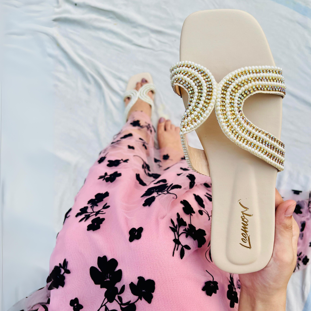 Faux Pearls Flat Sandals- White