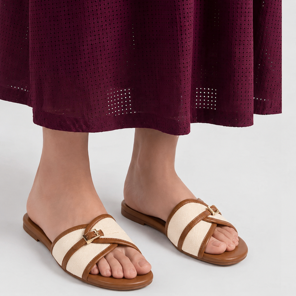 Buckled Chic Flat Sandals- Brown