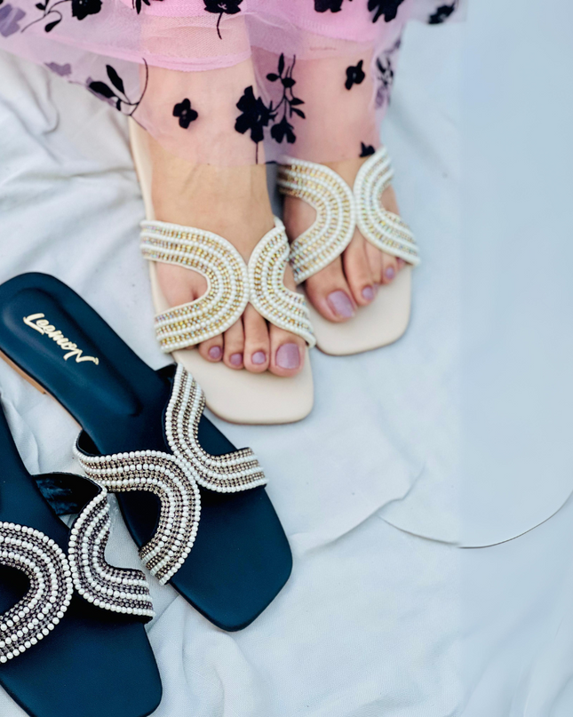 Faux Pearls Flat Sandals- White
