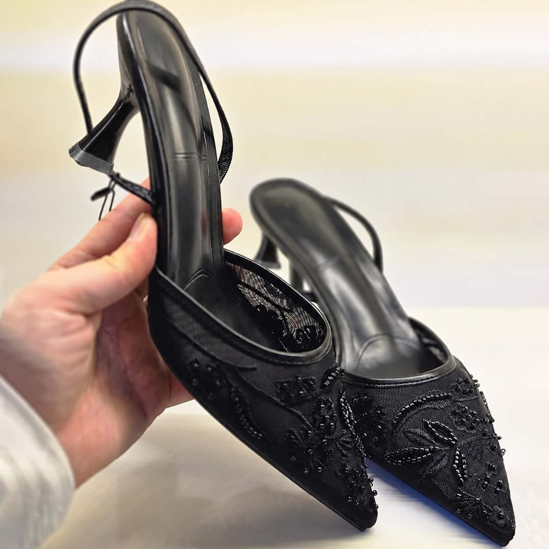 Luxury Embroidered Slingbacks- Black
