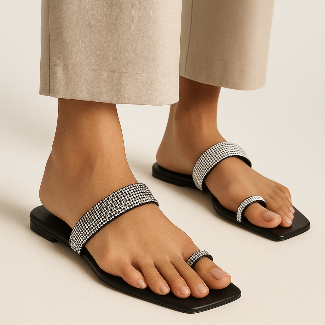 Rhinestone Toe Ring Flat Sandals- Black