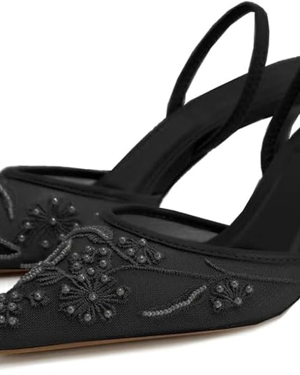 Luxury Embroidered Slingbacks- Black