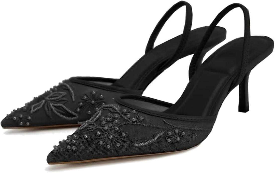 Luxury Embroidered Slingbacks- Black