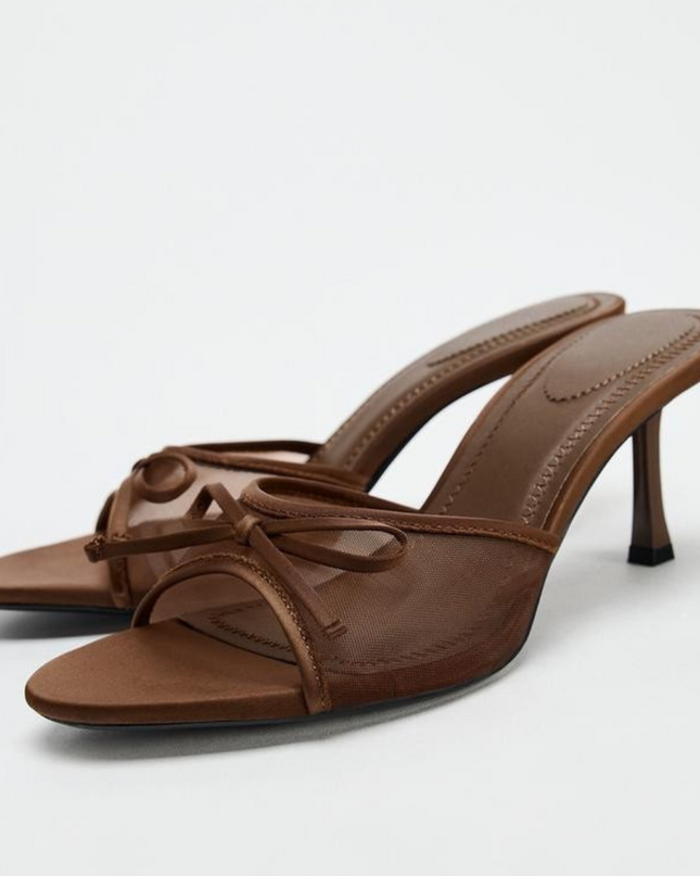 Stylish Mesh Bow Sandals- Brown