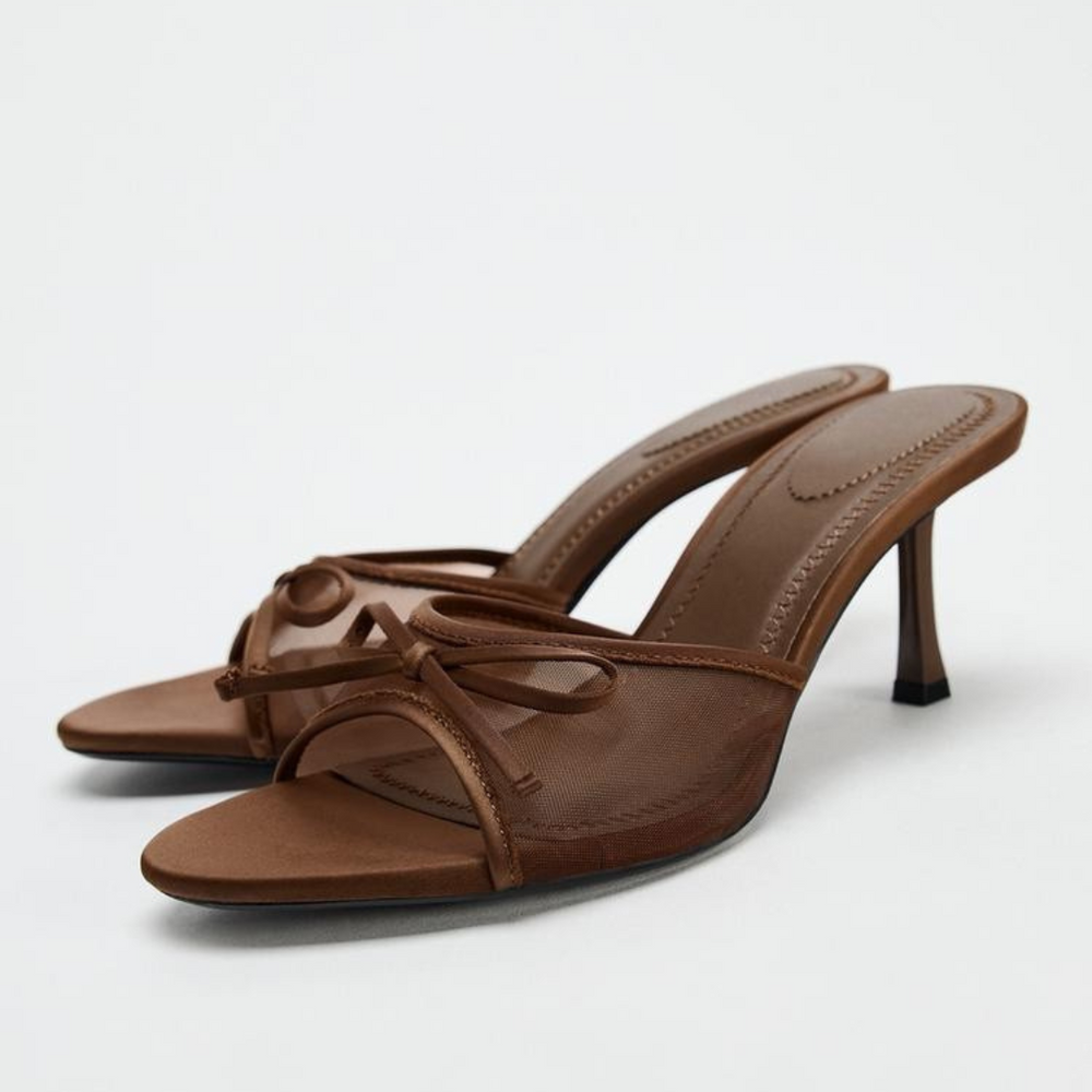 Stylish Mesh Bow Sandals- Brown