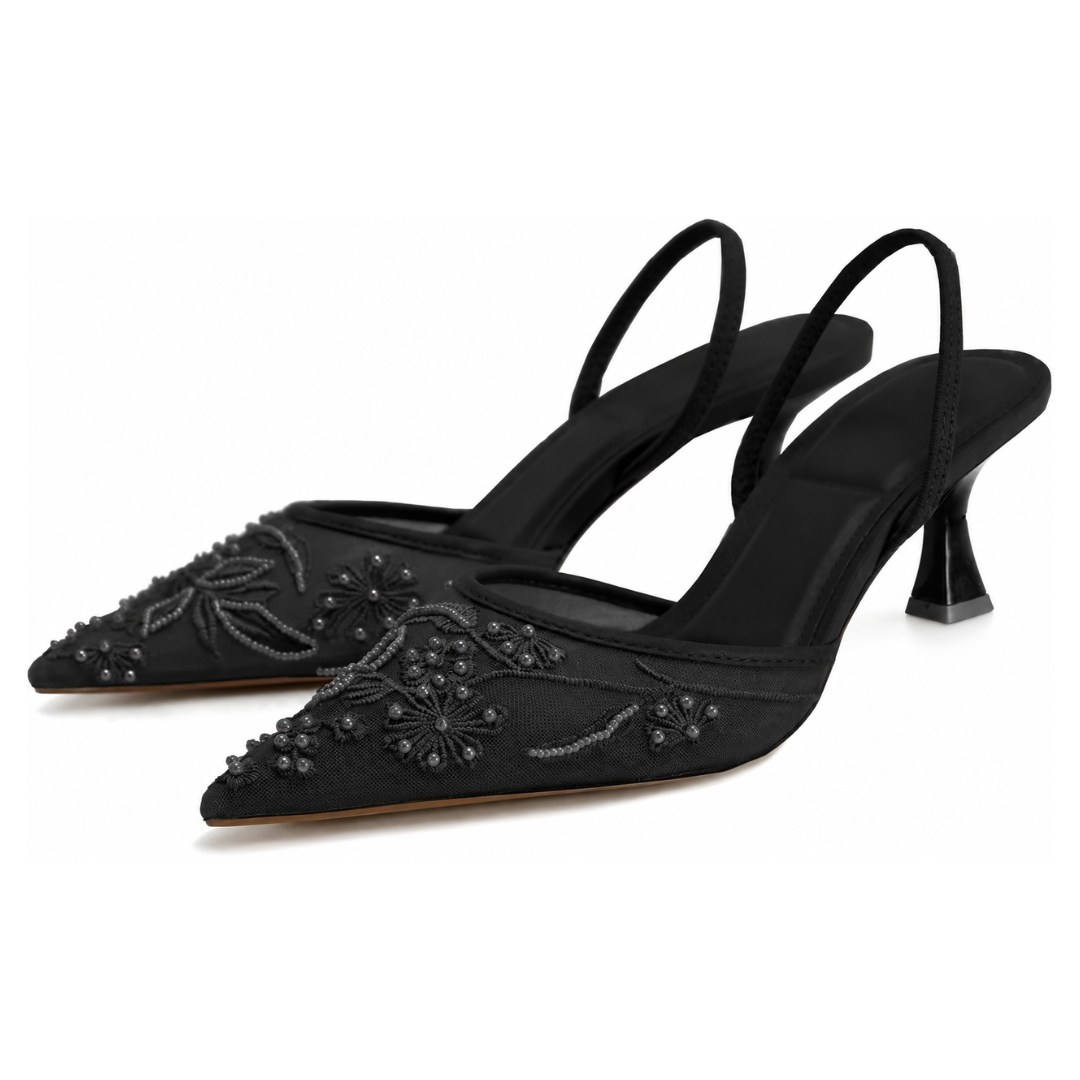 Luxury Embroidered Slingbacks- Black
