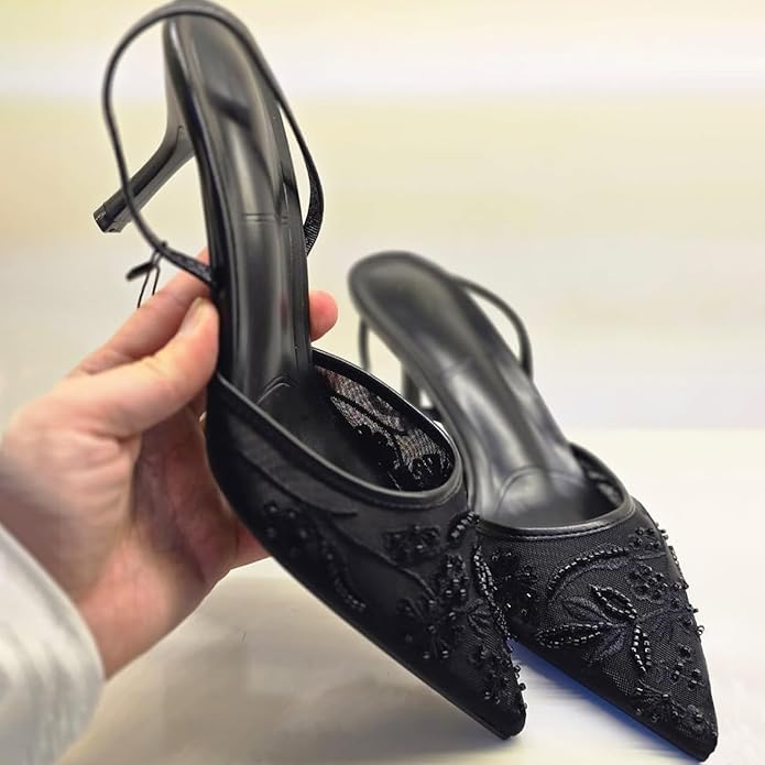 Luxury Embroidered Slingbacks- Black